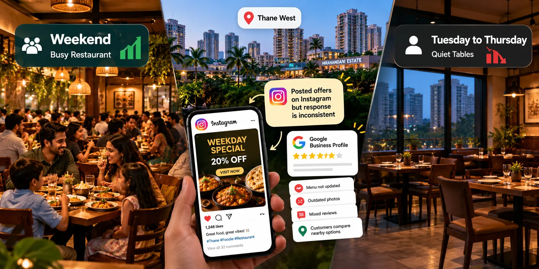Thane restaurant sales strategy comparing busy weekends with quiet weekdays and promoting offers to attract more diners to increase restaurant sales