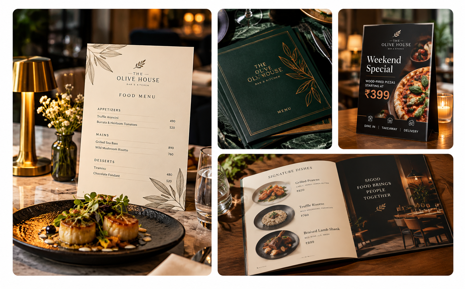 Restaurant offline marketing collage featuring a premium menu card, branded menu cover, promotional standee and open restaurant menu